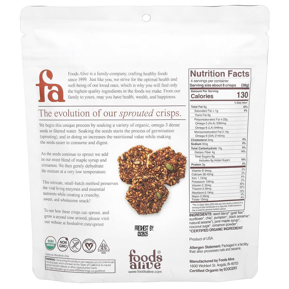 Foods Alive, Хрустящие чипсы, клен и корица, 113 г (4 унции)