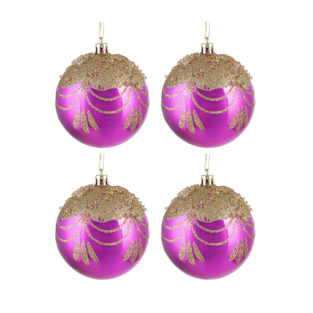 Набор елочных шаров 8 см, 4 шт., маджента с золотом, пластик