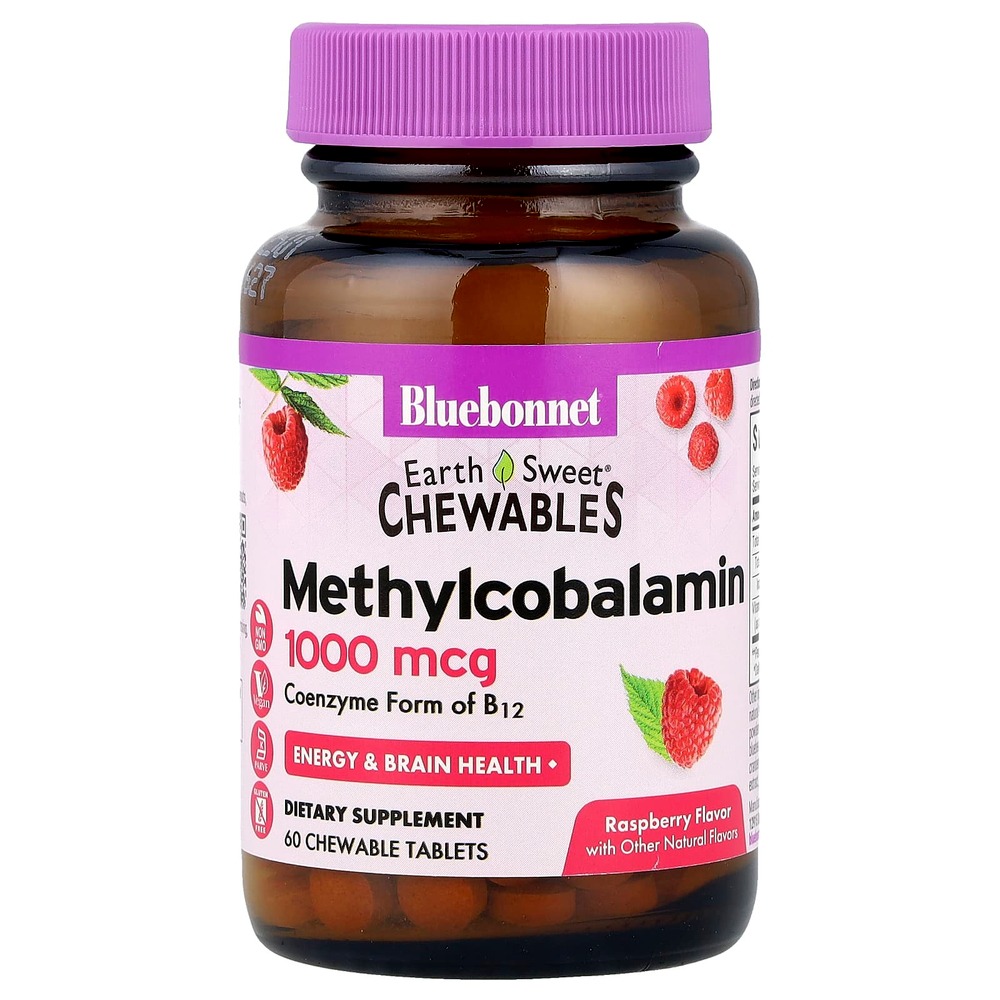 Bluebonnet Nutrition, EarthSweet, жевательные таблетки, метилкобаламин, натуральный малиновый вкус, 1000 мкг, 60 жевательных таблеток