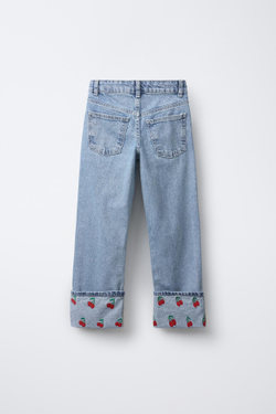 ZARA ДЖИНСЫ STRAIGHT С ВЫШИВКОЙ «ВИШНИ», СИНИЙ
