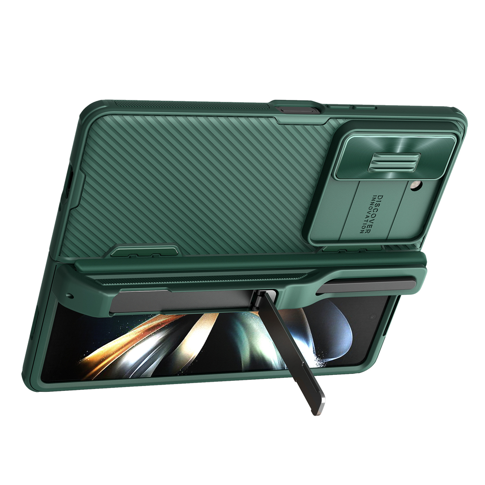 Чехол зеленого цвета (Deep Green) с держателем для S Pen на Samsung Galaxy Z Fold 5 от Nillkin, серия CamShield Fold Case-Pen Holder Version, с сдвижной шторкой для камеры