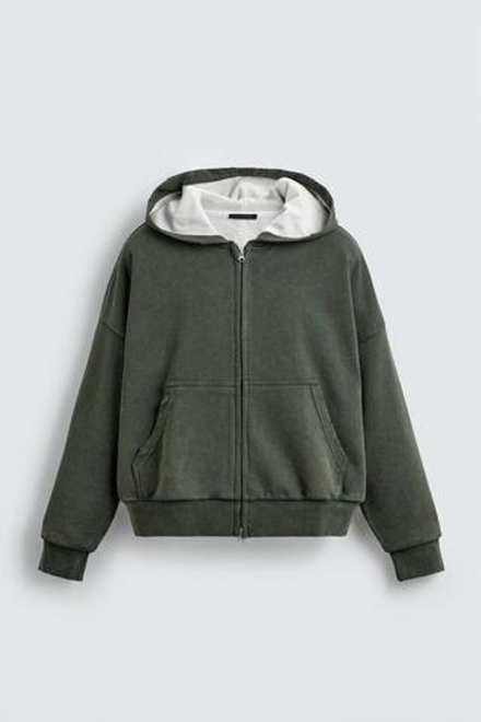 ZARA КОМБИНИРОВАННАЯ ХУДИ ВАФЕЛЬНОЙ СТРУКТУРЫ С КАПЮШОНОМ, ХАКИ