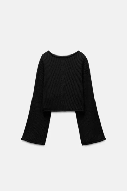 ZARA УКОРОЧЕННЫЙ СВИТЕР ИЗ РИФЛЕНОГО ТРИКОТАЖА, ЧЕРНЫЙ