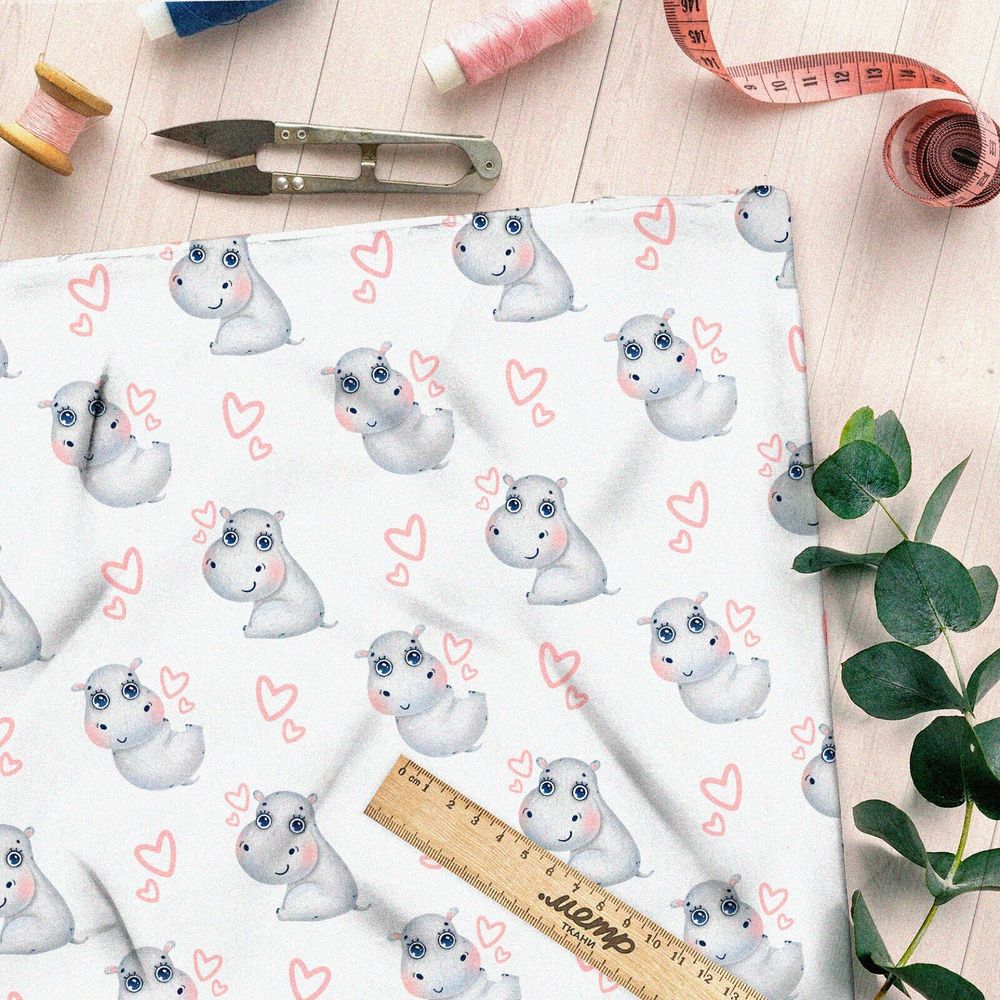 Ткань сатин бегемотики и сердечки