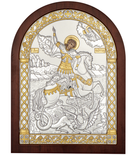 Икона Георгий Победоносец: арочная, 22х17, белый и корич. багет, Напыление серебро и золото, А-5 (Гр