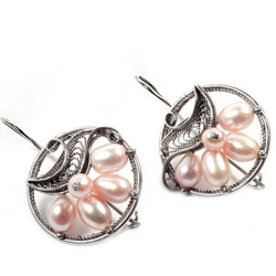 Серьги "Малинка" жемчуг, скань асс.