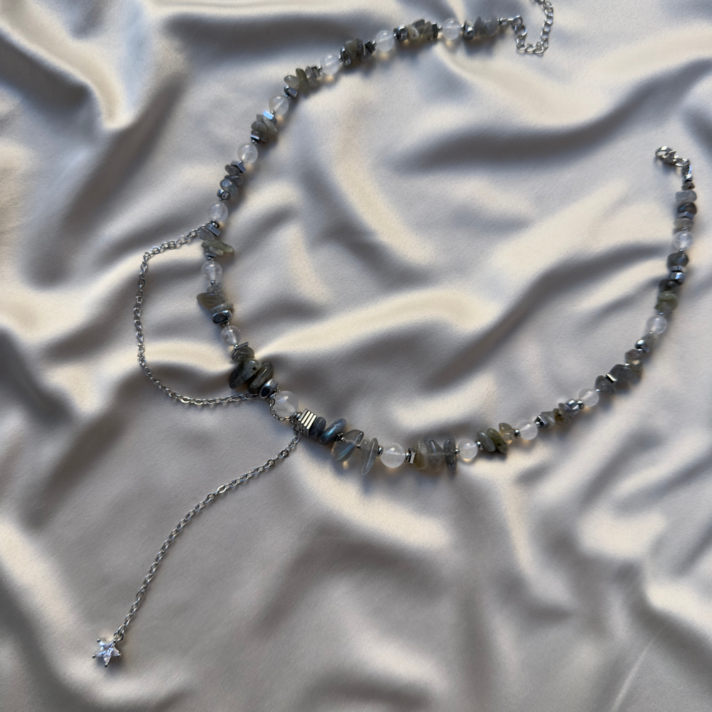 Колье «Лунная Комета» — лабрадорит, адуляр и гематит