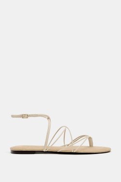 ZARA САНДАЛИИ ИЗ КОЖИ НА ПЛОСКОЙ ПОДОШВЕ, ЭКРЮ