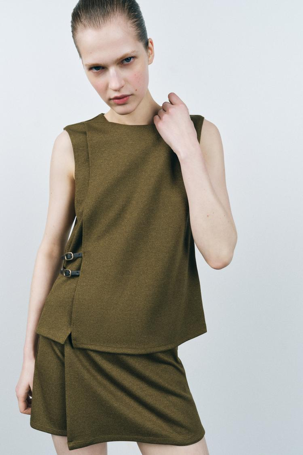 ZARA ТОП ВНАХЛЕСТ ИЗ ТВИЛА С ПРЯЖКАМИ, МЯГКИЙ ЗЕЛЕНЫЙ