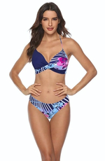 Синий раздельный купальник с принтом в виде орхидей (Размер: M) (Цвет: разноцветный)