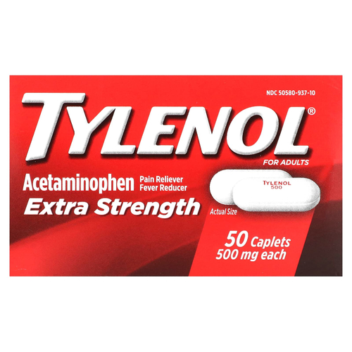 Tylenol, ацетаминофен, обезболивающее и жаростойкое средство для взрослых, 500 мг, 50 капсул