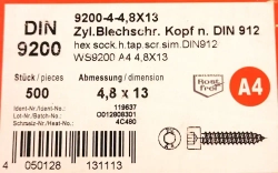 DIN 9200- Саморез M4-4,8x13мм 50шт. А4-нержавеющий, с цилиндрической головкой и внутренним шестигранником.