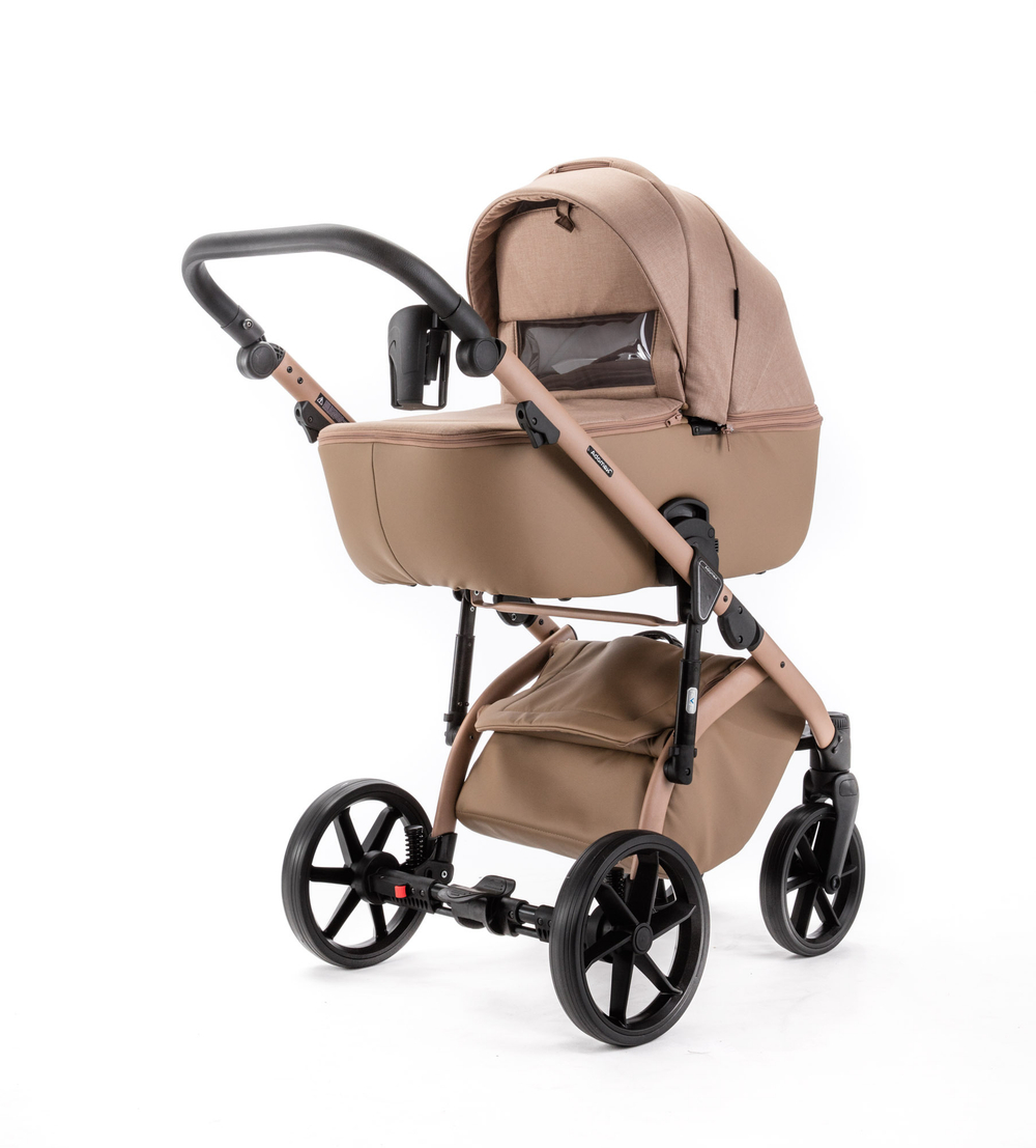 Детская универсальная коляска Adamex NOLA Natura CAMEL-5 (2в1) - Темно-бежевая ткань, Темно-бежевый экокожи