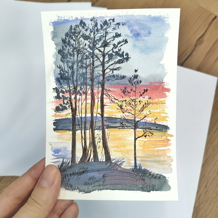 Авторская открытка от Стрелки Натали. Акварель. Оригинал. "Нежный закат"