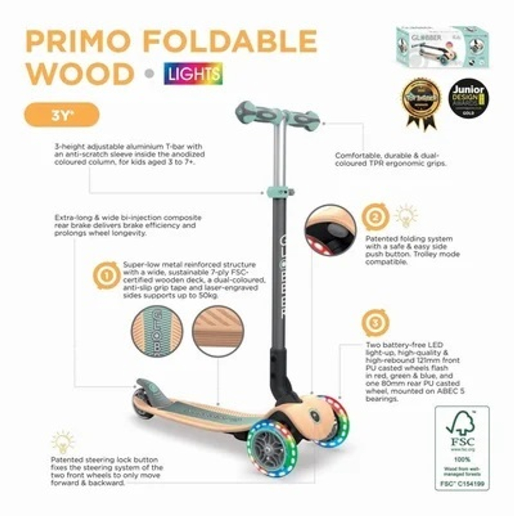 Самокат Globber Primo Foldable Wood Lights зеленый