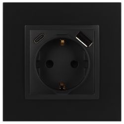 Розетка ЭРА Elegance 14-4108-05 2P+E 16A-250В со шторками с USB type-A+C 5В-3А антрацит | Эра Elegance