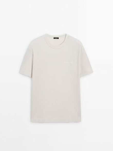Massimo Dutti Хлопковая футболка с короткими рукавами, натуральный, кремовый