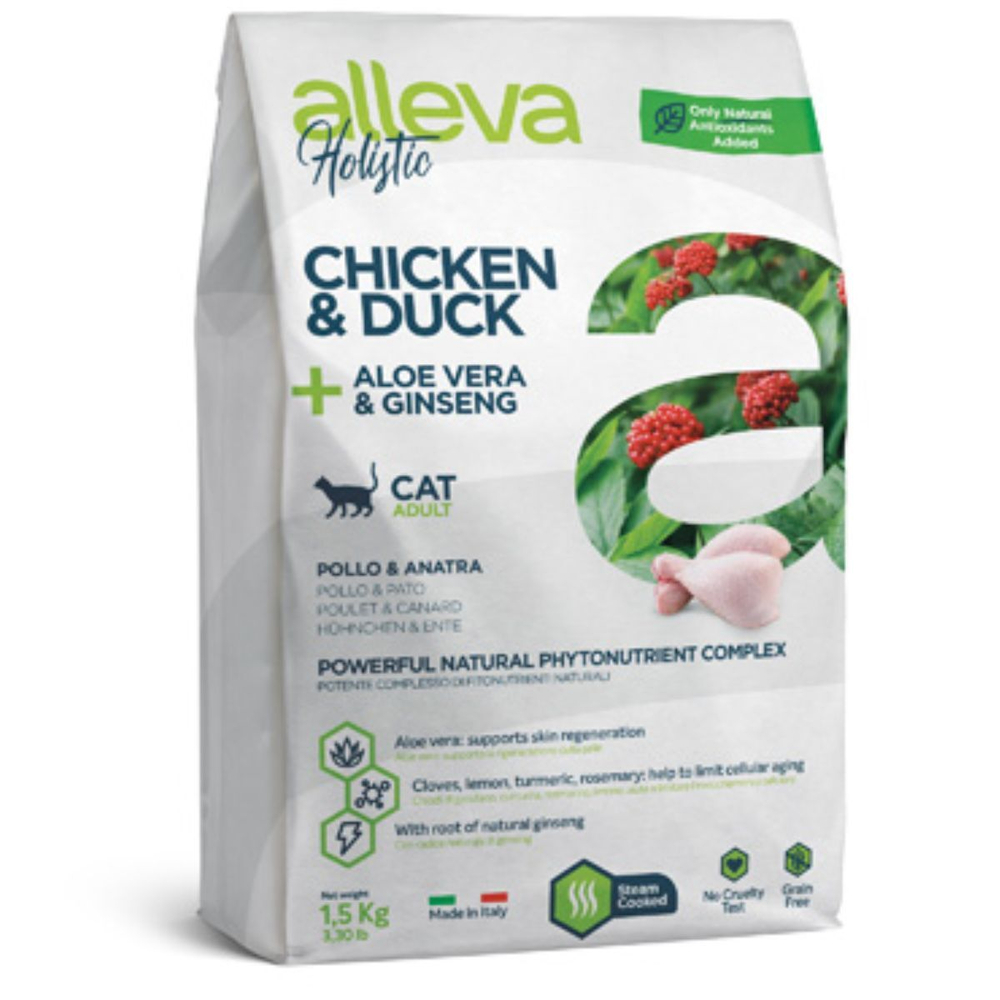 Корм Аллева Холистик Holistic Chicken & Duck + Aloe vera & Ginseng для взрослых кошек, с курицей и уткой, алое вера и женьшенем, 0,4 кг