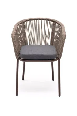 "Марсель" стул плетеный из роупа, каркас алюминий коричневый (RAL8016) муар, роуп коричневый круглый, ткань темно-серая 027