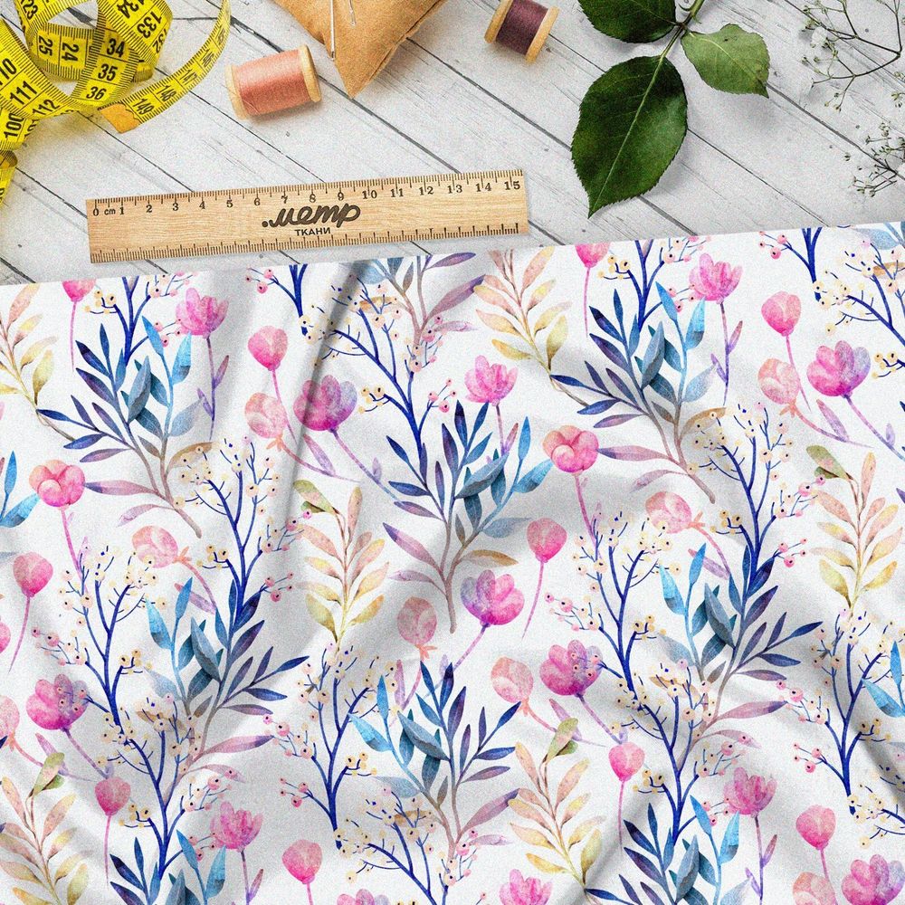 Ткань ниагара розовые цветы с листьями
