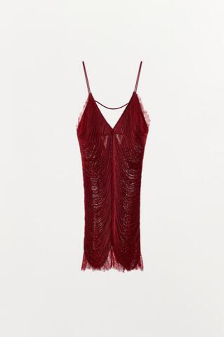 ZARA КОРОТКОЕ КРУЖЕВНОЕ ПЛАТЬЕ С БАХРОМОЙ, НАСЫЩЕННЫЙ КРАСНЫЙ