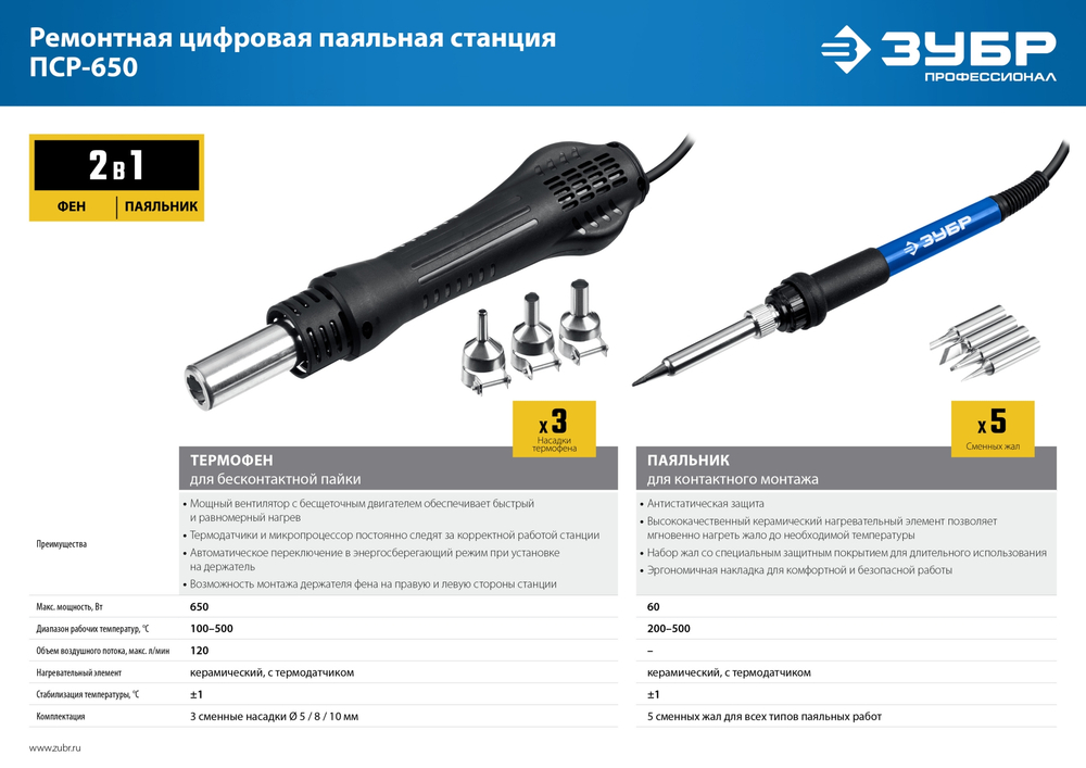 ЗУБР ПСР-650, 100 - 500°С, 650 Вт, 2 в 1, ремонтная паяльная станция, Профессионал (55427)