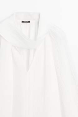 Massimo Dutti Блуза из струящейся ткани с V-образным вырезом и завязками, белый