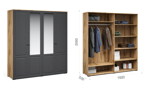 Спальня Лацио Сканди Шкаф 4д (с зеркалами) Вотан/Сканди графит