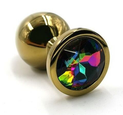 Золотистая алюминиевая анальная пробка с радужным кристаллом - 6 см. (Цвет: разноцветный)