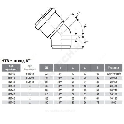 Отвод PP-H серый HT HTB Дн 32х87гр б/нап в/к Ostendorf 110140