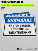 Табличка для обеспечения безопасности "На этом объекте требуются защитные очки", для производства, предприятия, организаций, 40х30 см, Silver Plane x Айдентика Технолоджи