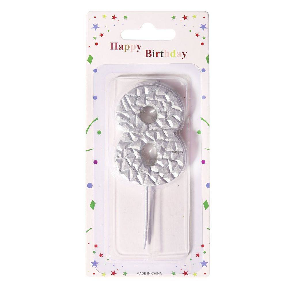 Свеча для торта Alingar, 5-6 см, на пике, "Цифра 8", цвет серебро, блистер с европодвесом