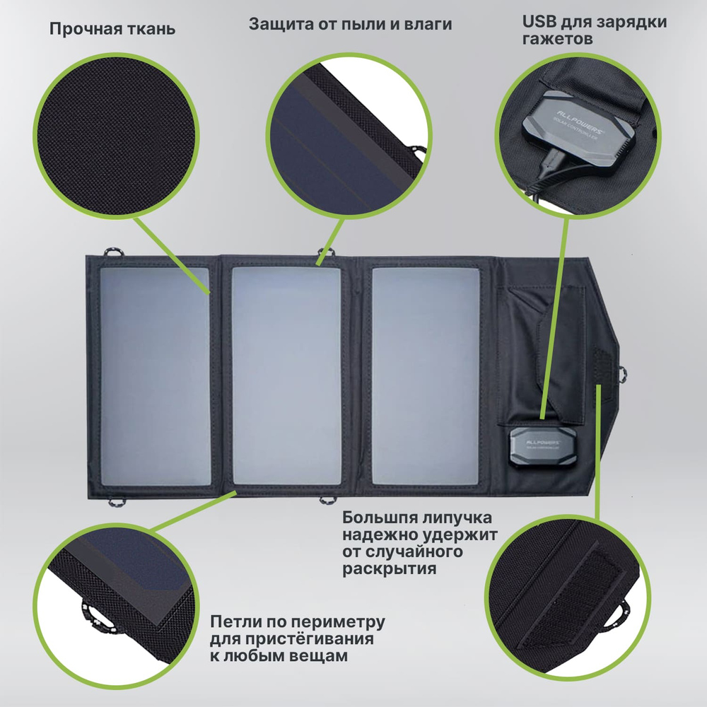 Портативная солнечная панель Allpowers 21 Вт, 5-18В (Q0108)