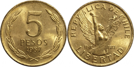 Чили 5 песо, 1981 - 1990 Чилена aUNC