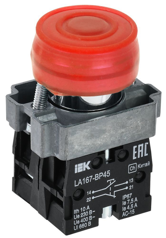 Кнопка управления LA167-BP45 d=22мм 1з+1р красная IEK