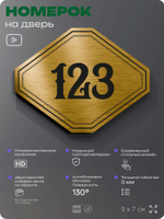 Номерок на дверь квартиры 123, для кабинета, офиса, шильдик 9 х 7 см, золотистый, Айдентика Технолоджи