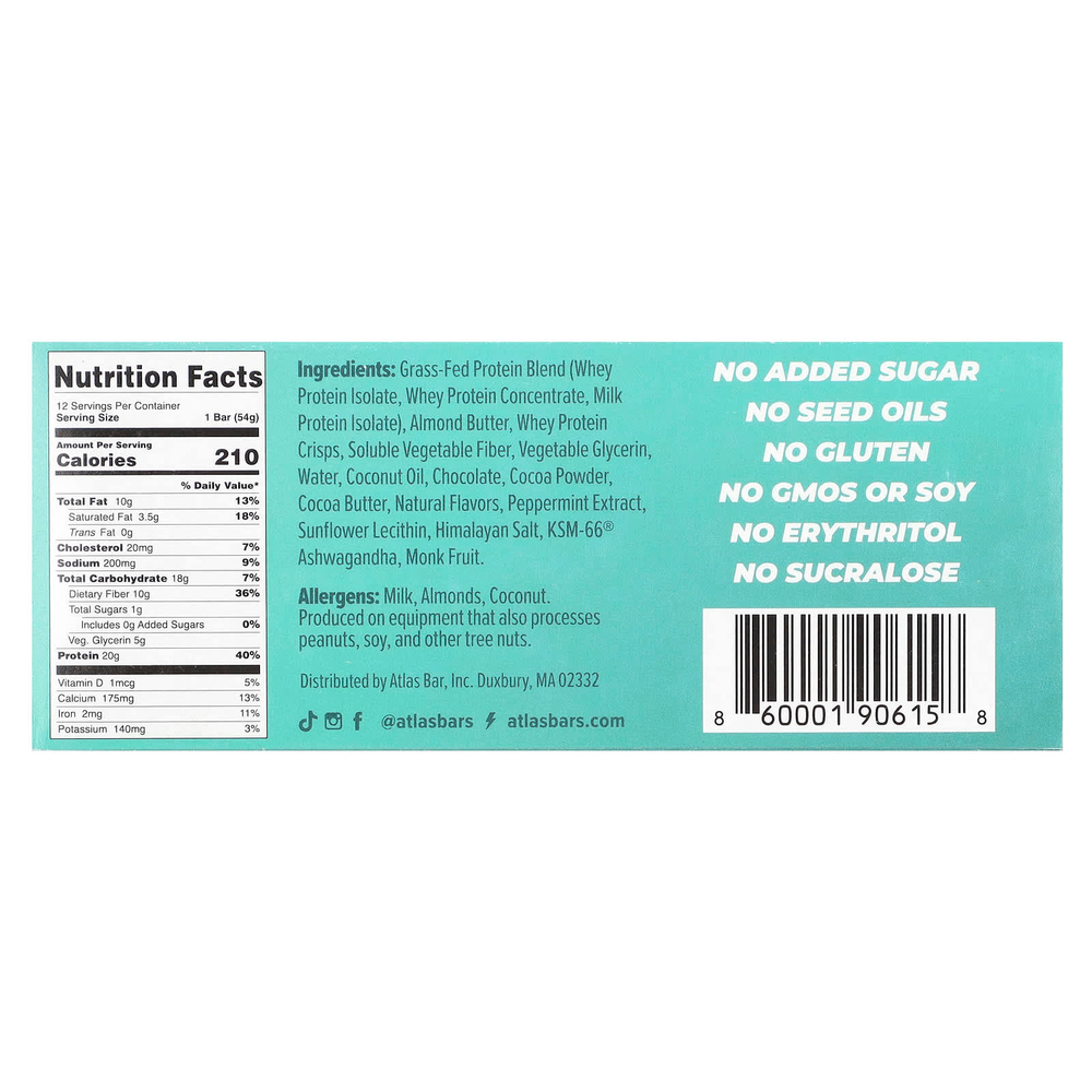 Atlas Bar, сывороточный протеиновый батончик от коров травяного откорма, мята и шоколадная крошка, 12 батончиков по 54 г (1,9 унции)