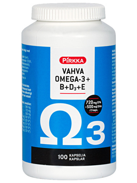 Пищевая добавка Pirkka Vahva Omega-3 100 капсул, омега-3 рыбий жир + фолиевая кислота + BDE