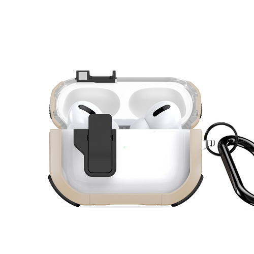 Чехол от Dux Ducis с замком для AirPods Pro 2, прозрачный с вставками золотистого цвета (GoldBlack), серия PECN Series Case, в комплекте с карабином