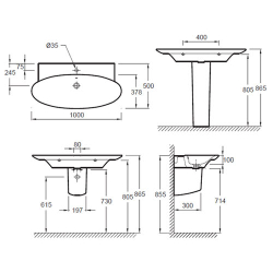 Подвесная раковина Jacob Delafon Presquile 100x50 E4436 схема