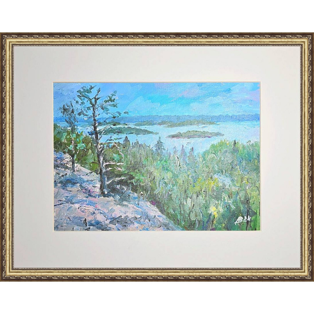 Картина авторская маслом на холсте в паспарту 30х40 см на стену для интерьера "Ладожские шхеры"