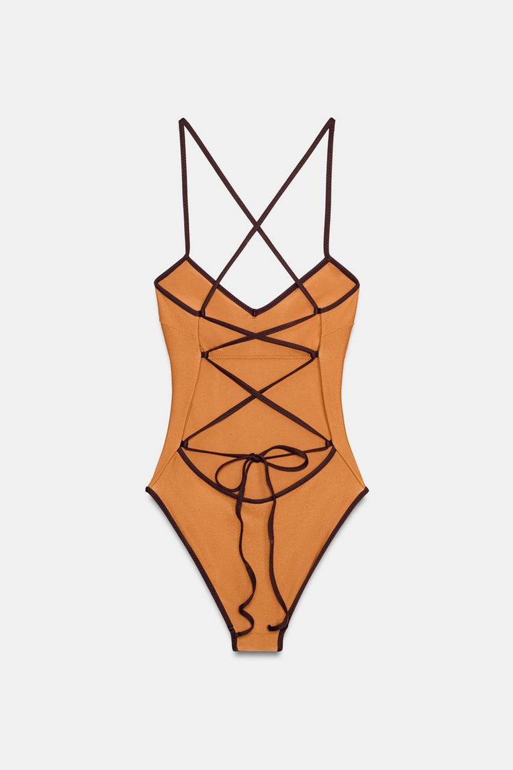 ZARA АТЛАСНЫЙ КУПАЛЬНИК С КОНТРАСТНЫМИ ДЕТАЛЯМИ, ЦВЕТ ЖЖЕНОГО АПЕЛЬСИНА