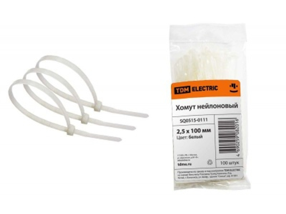 Хомуты нейлоновые белые 100х2,5мм (100шт/уп) TDM