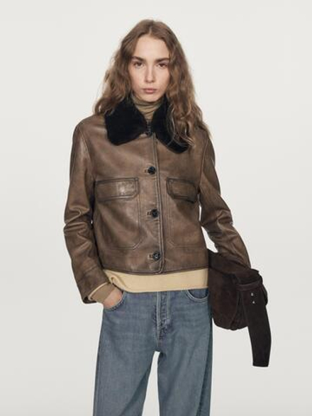 Massimo Dutti Куртка из кожи наппа с воротником из овчины, коричневый