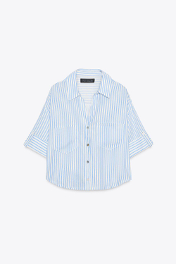 ZARA УКОРОЧЕННАЯ РУБАШКА ИЗ СМЕСОВОГО ЛЬНА, БЕЛЫЙ/НЕБЕСНО-ГОЛУБОЙ