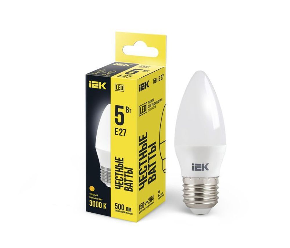 Лампа светодиодная C35 5Вт свеча 3000К тепл. бел. E27 450лм 230-240В IEK LLE-C35-5-230-30-E27