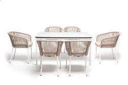 "Малага" обеденная группа на 6 персон со стульями "Марсель", каркас белый, роуп бежевый