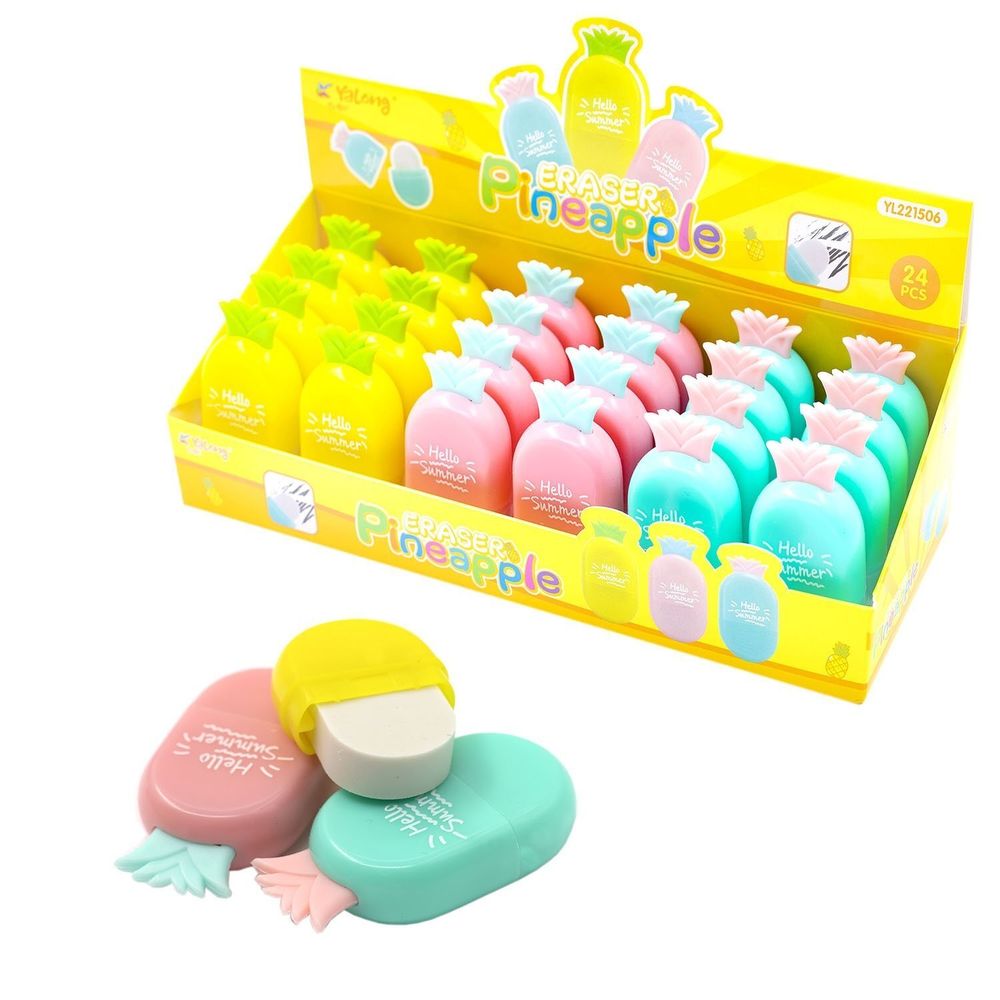Ластик Yalong "Ананасики", синтетический каучук, полуовальный, в пластик. чехле, цвет ассорти, 60х30х15 мм, картонная упаковка