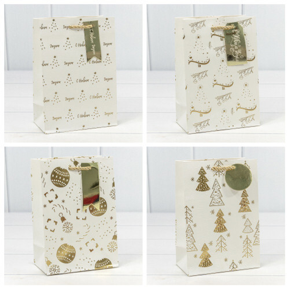 Пакет подарочный 14 х 20 х 8 см Набор 4 шт "Новый год" с тиснением (Белый)