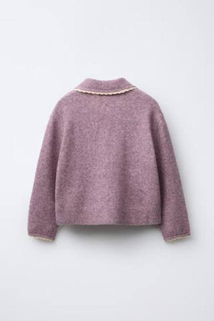 ZARA ВЯЗАНЫЙ КАРДИГАН С КРУЖЕВНОЙ ОТДЕЛКОЙ, ЦВЕТ МАЛЬВЫ